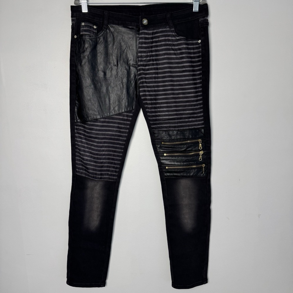 NEW Boranyizu Jeans Womens Black 34/30 Faux Leather Patches Zipped Pockets